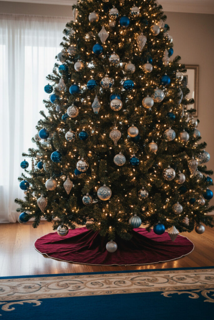 Dense fir with glossy cobalt and metallic silver baubles, warm LEDs, burgundy skirt and blue rug—blue and silver Christmas tree ideas for living room inspiration.