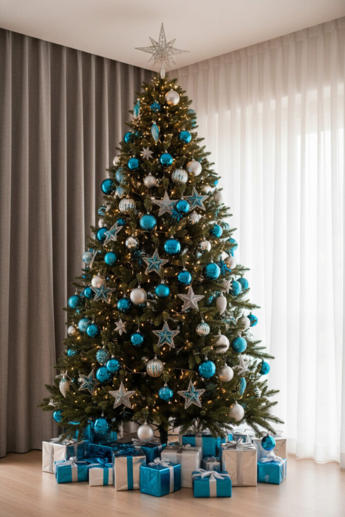 Towering tree of blue and silver stars with wireframe topper and electric-blue gifts beside sheer curtains—sleek scene for modern holiday decorating.