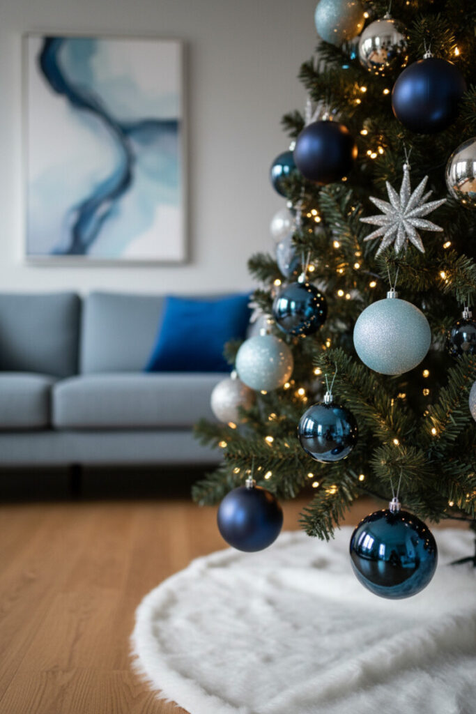 Close-up of blue and silver tones—indigo matte, sapphire chrome, frosted powder-blue, brushed silver—on plush white skirt, ideal blue Christmas decor vignette.