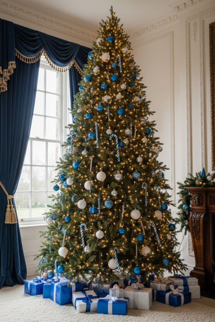 Floor-to-ceiling tree with blue-and-white candy canes, sapphire ornaments, and warm lights near carved mantel and navy drapery.