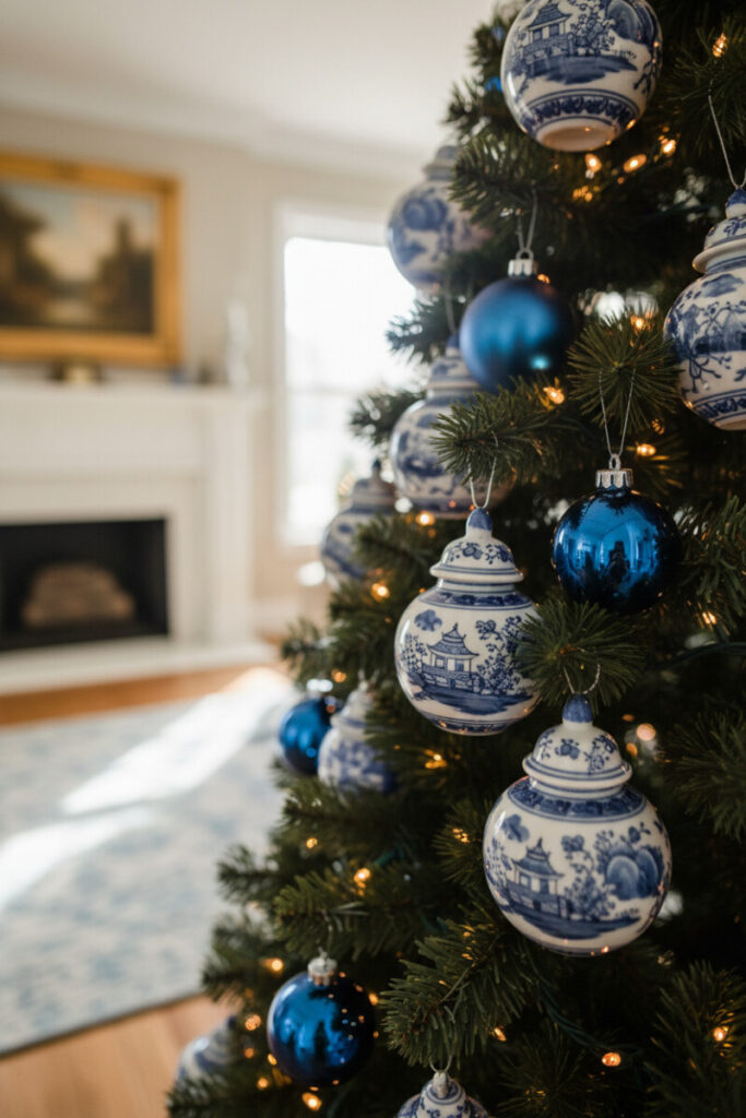 Tight close-up of blue-and-white ginger jar ornaments, matte royal-blue balls, and golden micro-LEDs in a refined living room.