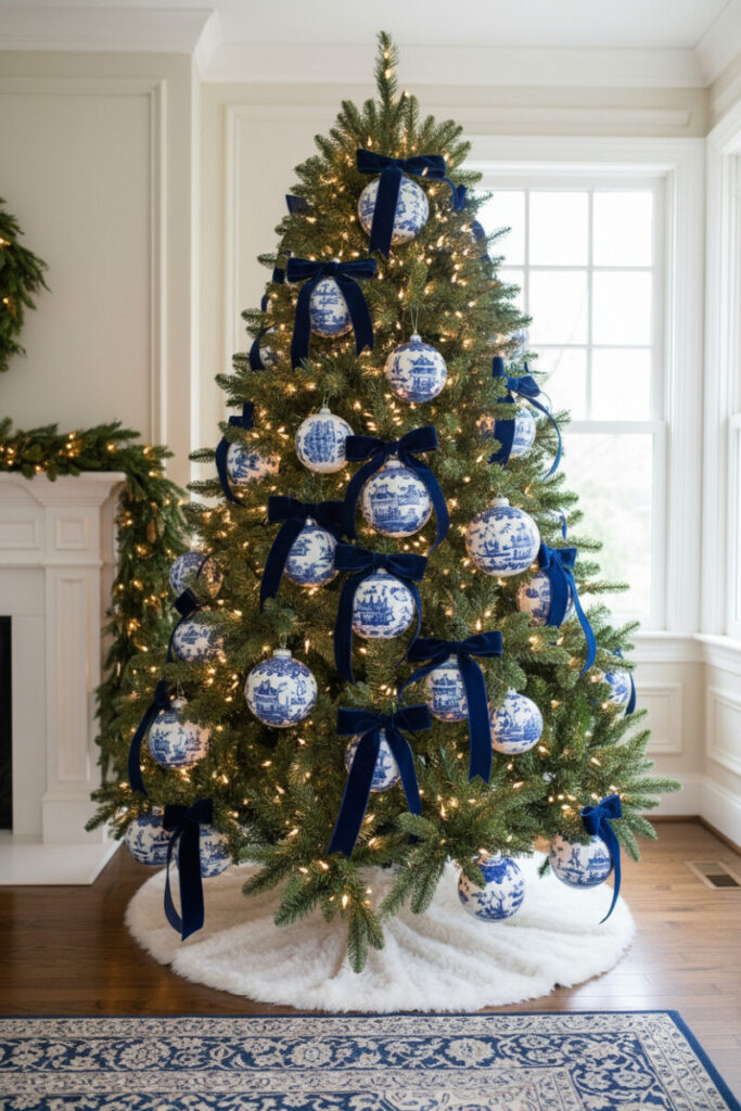 Lush fir with blue and white porcelain ornaments, royal-blue velvet bows, white faux-fur skirt, and Persian rug in daylight.