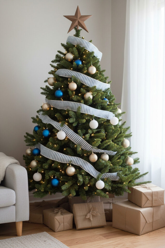Tree wrapped with blue and white striped ribbon, matte blue and glossy white ornaments over light wood floor—smart detail on how to decorate a blue Christmas tree.