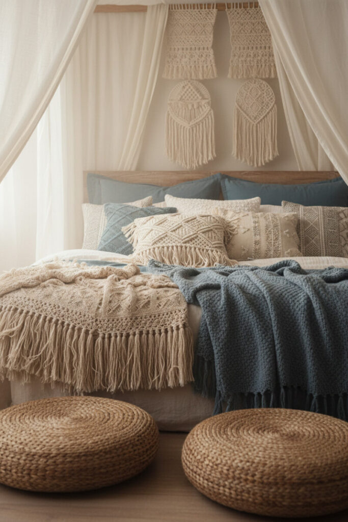 Airy neutral Boho Bedroom Designs with layered cream linens, dusty blue knit throw, macramé, and jute poufs—how to create a cozy boho bedroom with soft morning light.