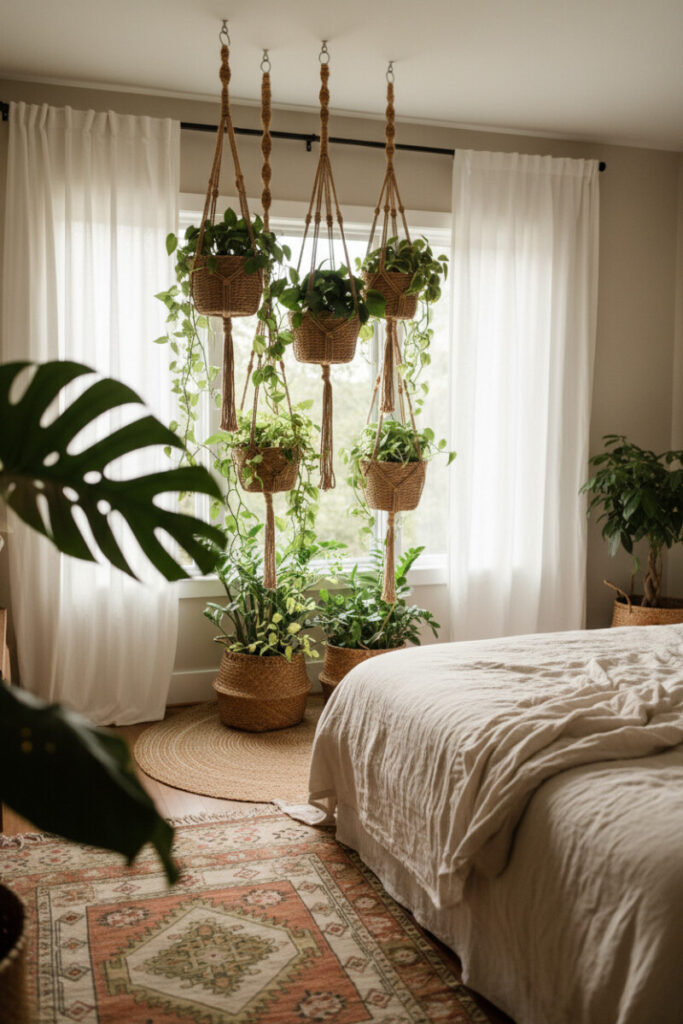 Sunlit window garden of hanging ferns and vines beside ivory linen bed—boho bedroom designs with plants for serene texture.
