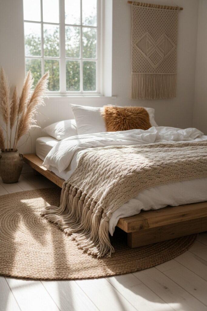 Low bed with chunky tassel throw, braided-edge jute rug, pampas grass—how to create a cozy boho bedroom through layered textures.