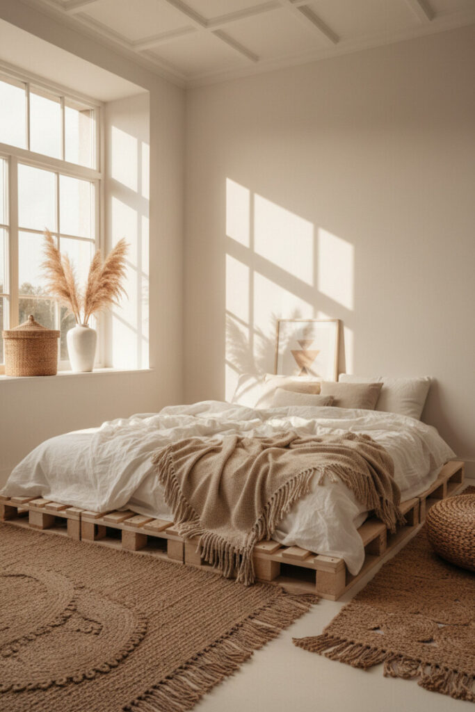 Low-profile pallet bed on layered sisal and jute rugs bathed in golden-hour light—how to create a cozy boho bedroom on a budget.