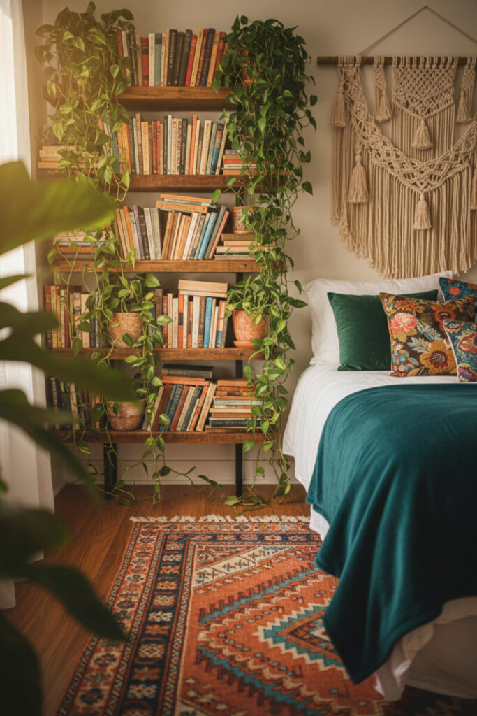 Floating wooden shelves overflowing with books and trailing greenery above teal velvet throw—boho bedroom designs with plants and bohemian bedroom ideas.