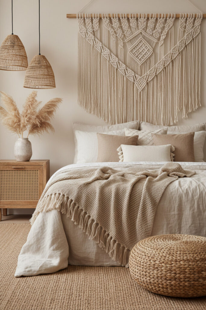Oversized ivory macramé above bed with knitted throws, wicker pendants, and floor pouf—boho bedroom decor in warm neutrals.