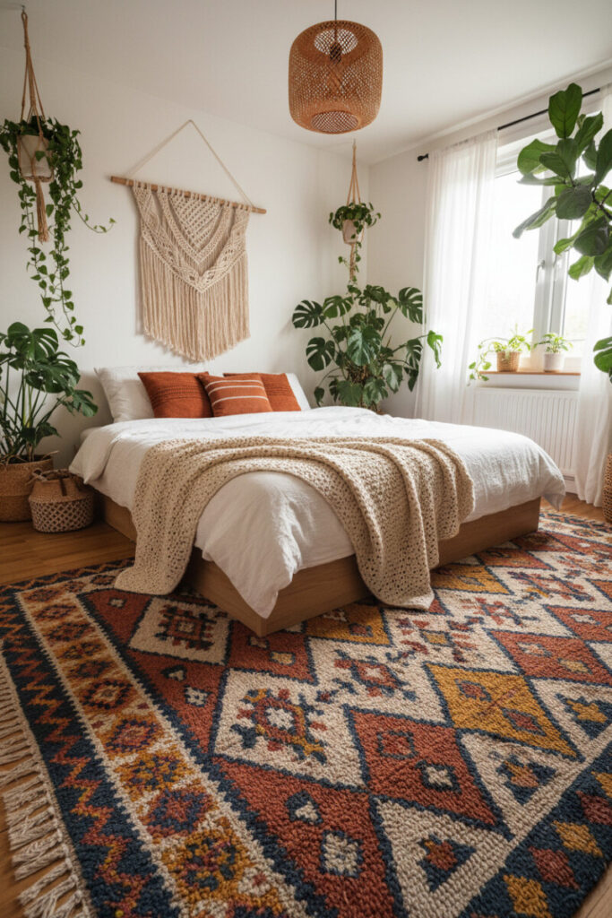 White-linen bed anchored by vibrant Moroccan Boucherouite rug, monumental macramé, and tropical plants—Boho Bedroom Designs.