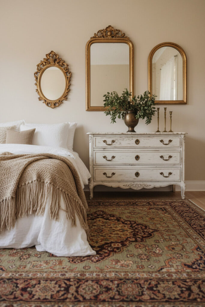 Antique white commode and trio of ornate gold mirrors reflecting soft light over Persian rug—classic bohemian bedroom ideas.