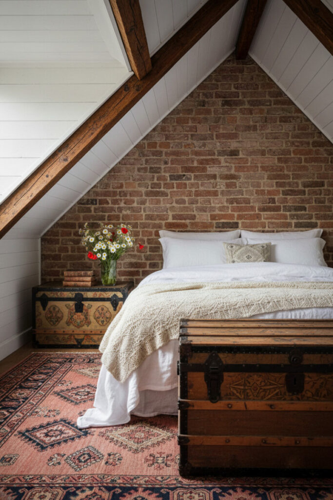 Attic boho bedroom with exposed beams, painted vintage trunks, crochet throw, and deep-hued Persian rug.