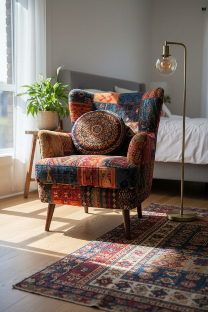 Patchwork accent chair with mandala cushion on kilim rug beside white bed—color-forward boho bedroom decor.