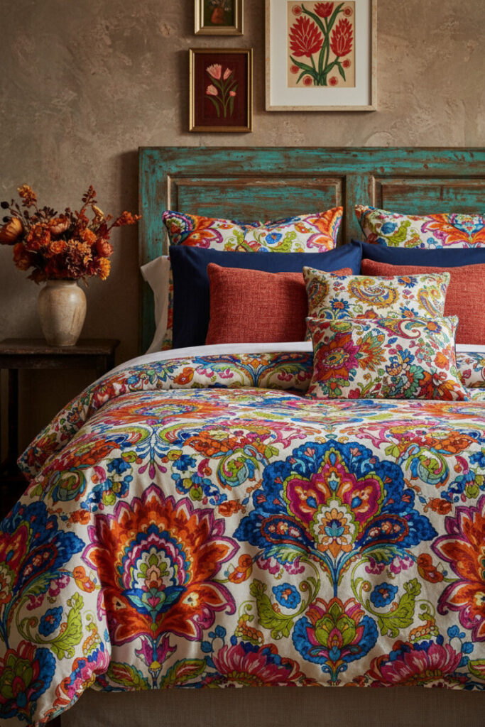 Pattern-stacked bedding with floral and paisley duvet, solid pillows, and distressed turquoise headboard.