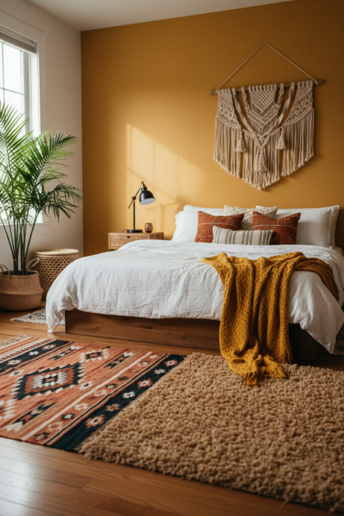 Bold ochre accent wall behind low bed with white wrinkled linen and saffron throw, kilim over shag rug—boho bedroom decor for warmth.