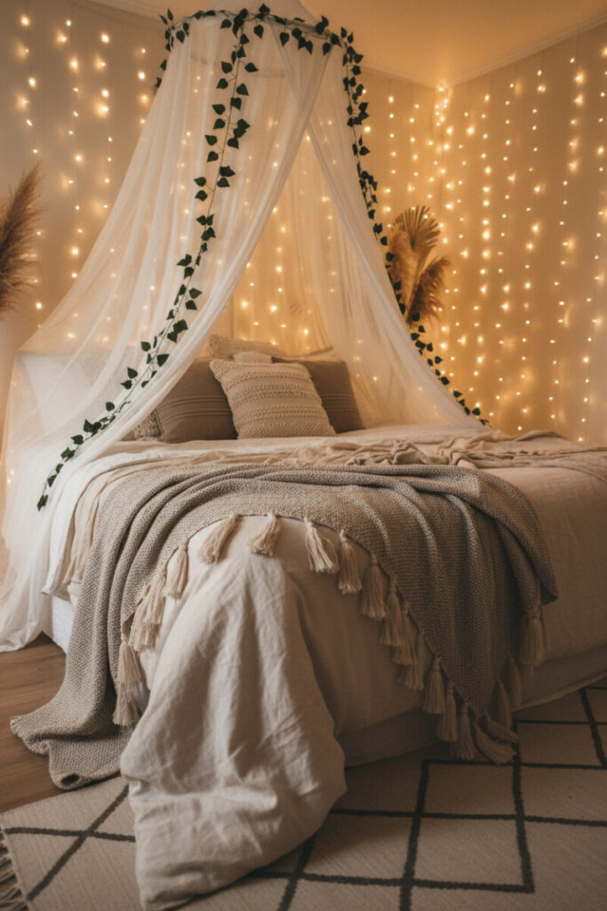 Sheer canopy draped with fairy lights and trailing vines over neutral linens—boho bedroom designs with plants for an ethereal retreat.