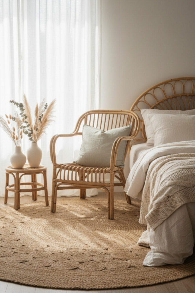 Rattan chair on circular jute rug beside rattan headboard and off-white linens—how to create a cozy boho bedroom using raw natural textures.