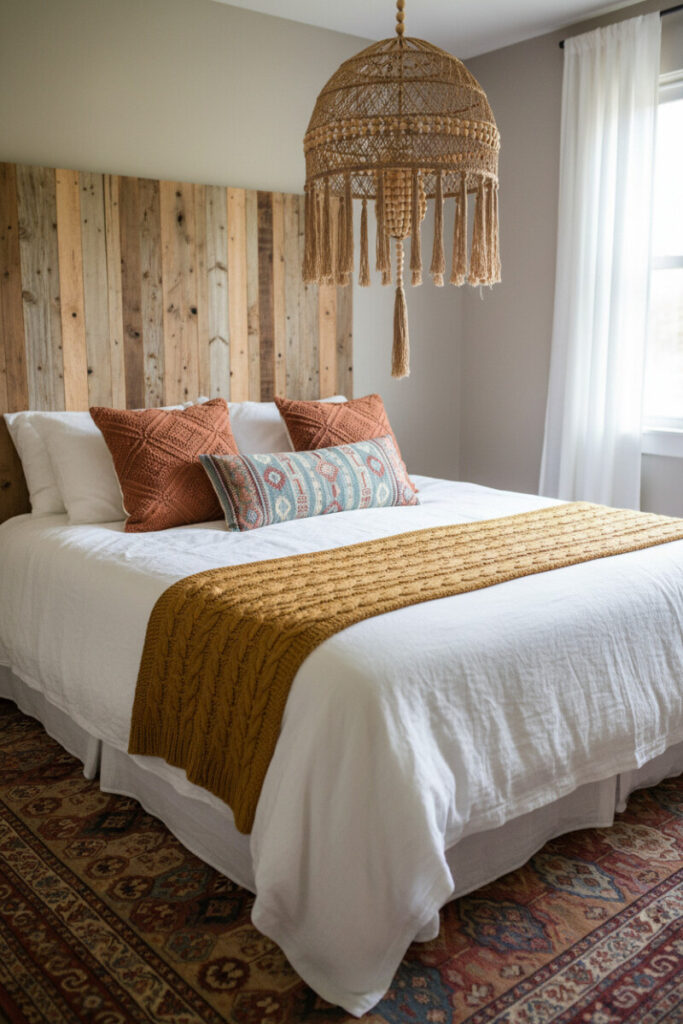 Reclaimed wood headboard with mustard cable-knit runner, terracotta pillows, and woven chandelier—Boho Bedroom Designs with earthy character.