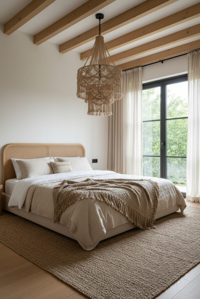 Oversized jute-and-macramé chandelier above neutral bed and cane headboard—statement lighting in bohemian bedroom ideas.