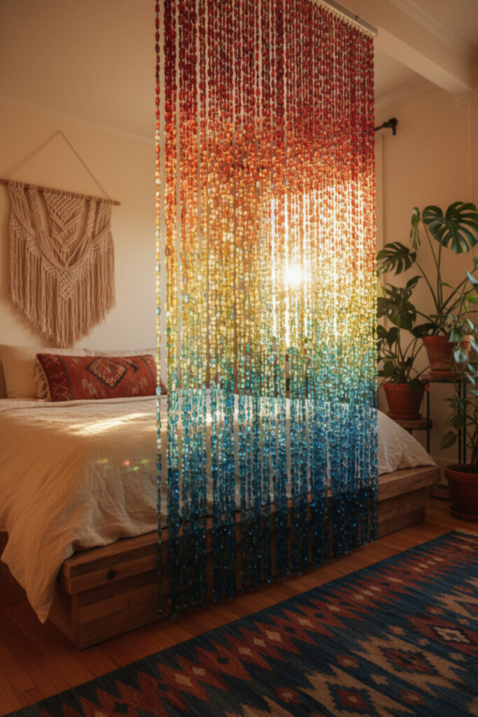 Sunlit iridescent beaded curtain casting rainbow glow over neutral linens and macramé tapestry—playful boho bedroom decor.