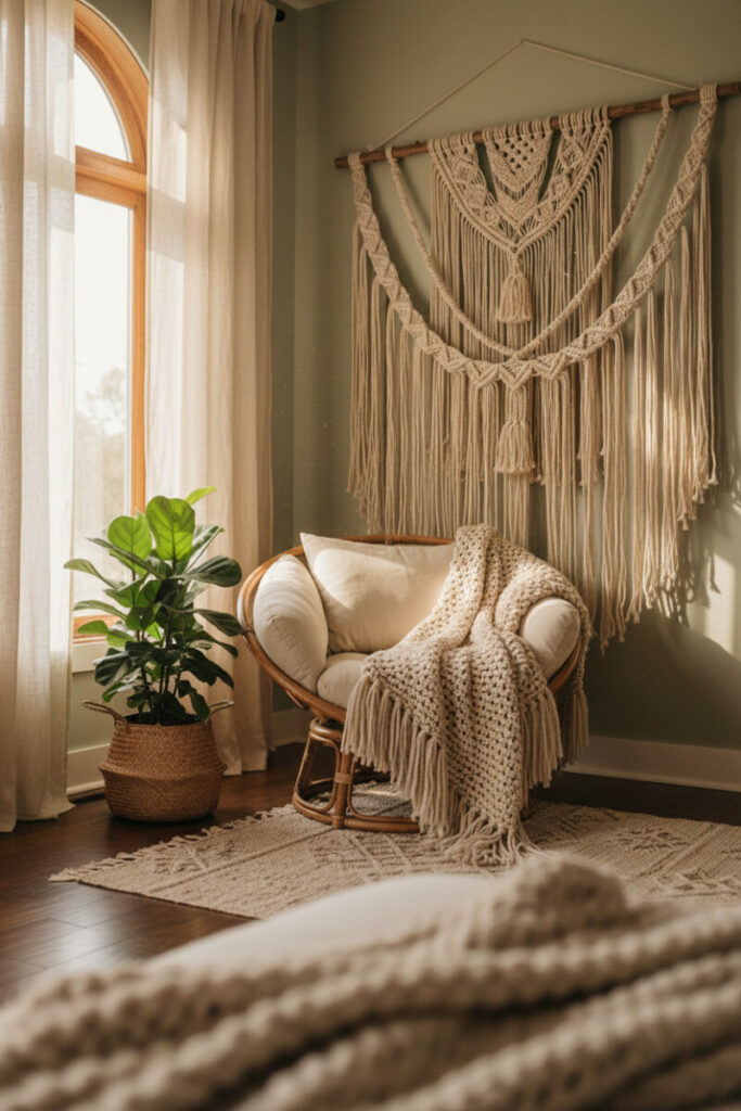 Golden-hour corner with rattan chair, chunky fringe throw, sculptural macramé wall art, and tropical plant—boho bedroom designs with plants.