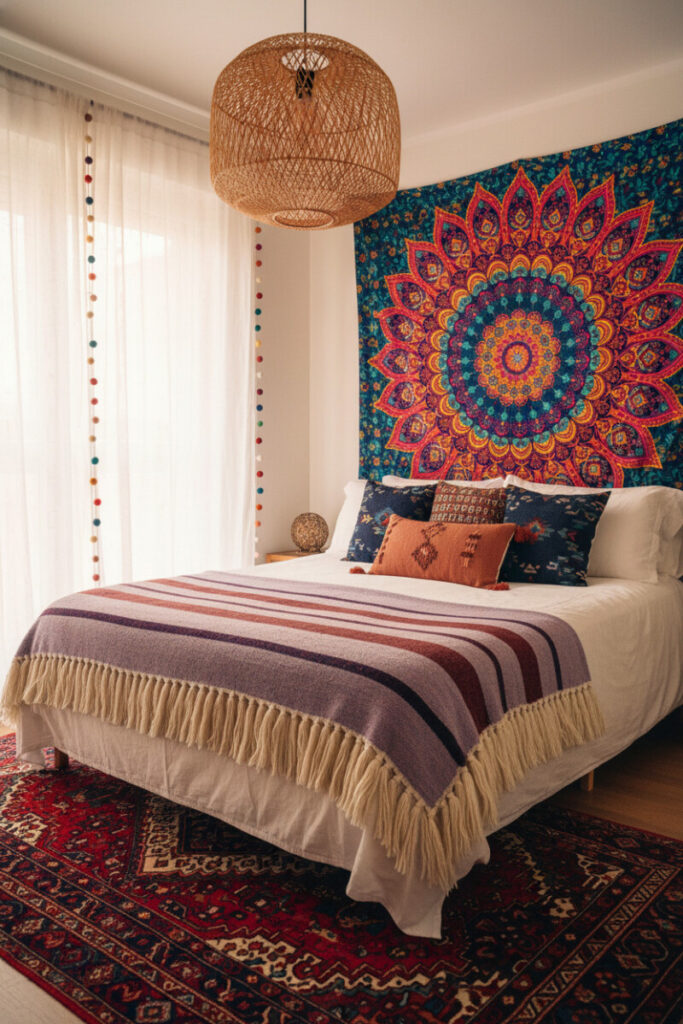Colorful mandala tapestry as headboard, striped woven throw with fringe, rattan pendant, and Persian rug—Boho Bedroom Designs for vibrant energy.
