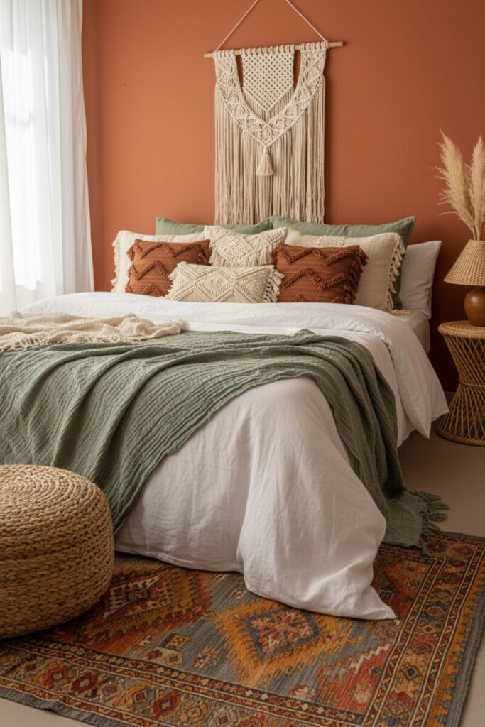 Terracotta feature wall with sage muslin throw, jute pouf, and macramé—how to create a cozy boho bedroom with warm earth tones.
