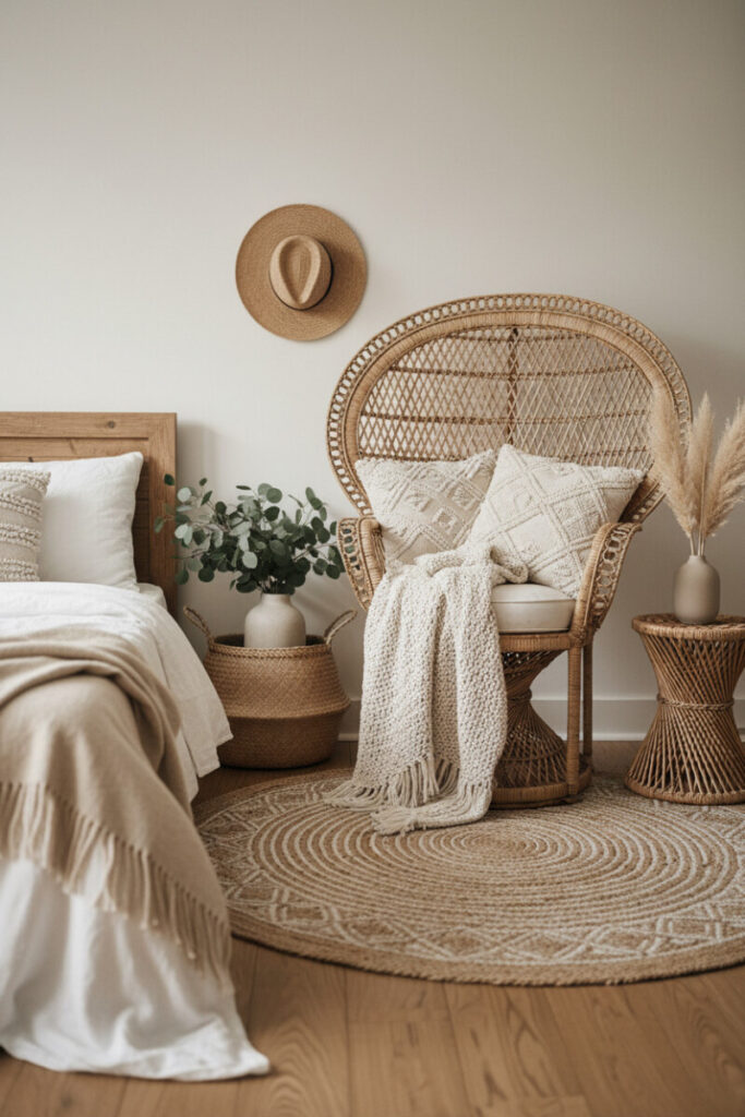 Wicker and rattan peacock chair, woven stool, ecru bedding, and basket nightstand—boho bedroom decor in soft neutrals.