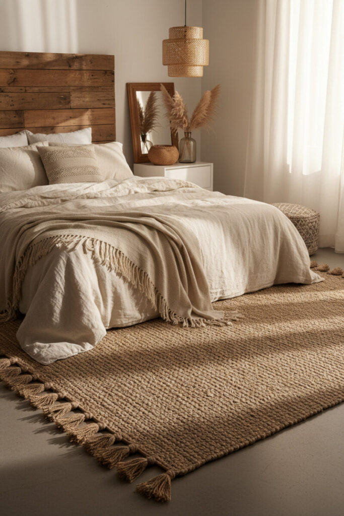 Large jute rug with thick tassels grounding cream linens, rattan basket, and pampas grass—Boho Bedroom Designs focused on a woven rug accent.