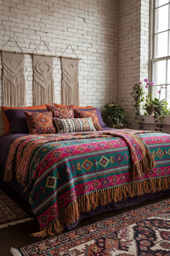 Maximalist exposed-brick bed layered with fuchsia, teal, and saffron textiles, trailing plants by tall window—bohemian bedroom ideas and boho bedroom designs with plants.
