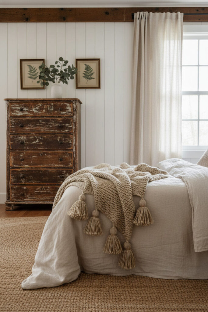 Rustic boho room with distressed vintage dresser, cream linen duvet, and thick jute rug in earthy neutrals.