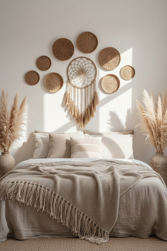 Neutral boho bed with woven baskets and oversized dreamcatcher centered above plush linens—boho bedroom decor in airy daylight.