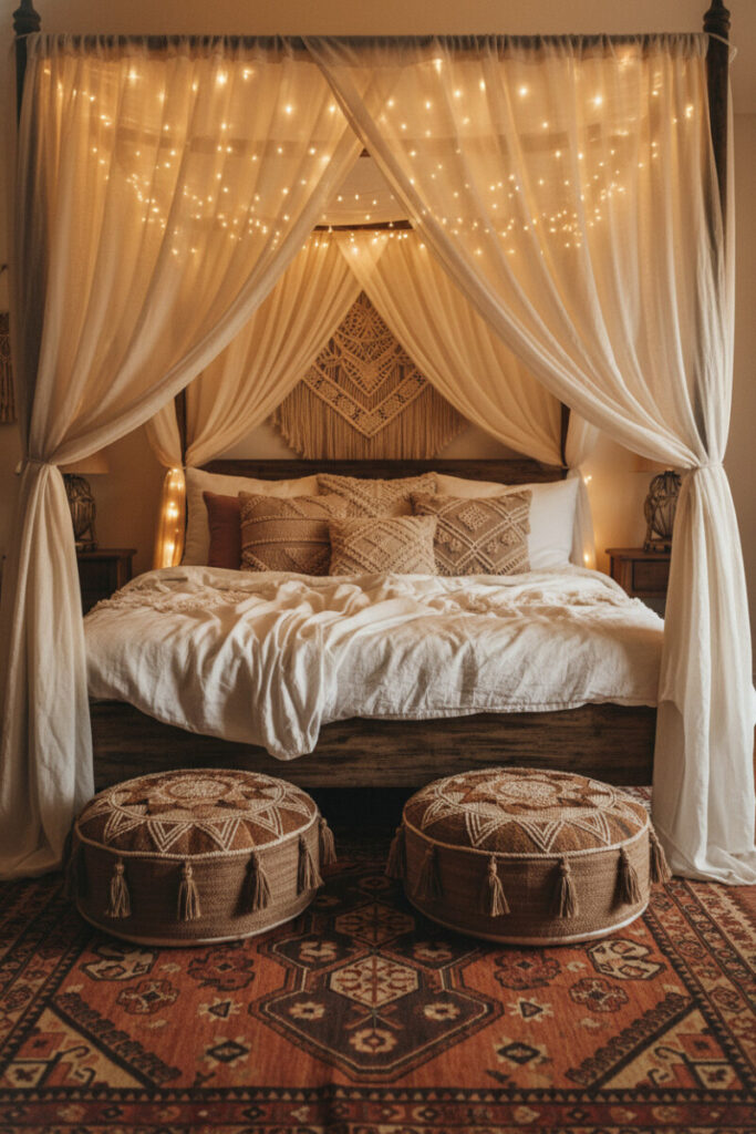 Four-poster canopy glowing with fairy lights, macramé pillows, and oriental rug creating dreamy Boho Bedroom Designs.