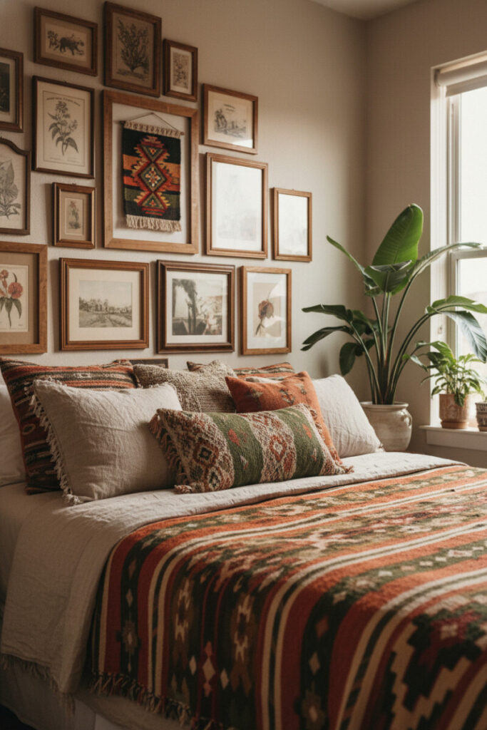 Cozy bed with terracotta-and-olive patterned blanket beneath eclectic gallery wall and lush indoor plants—bohemian bedroom ideas.