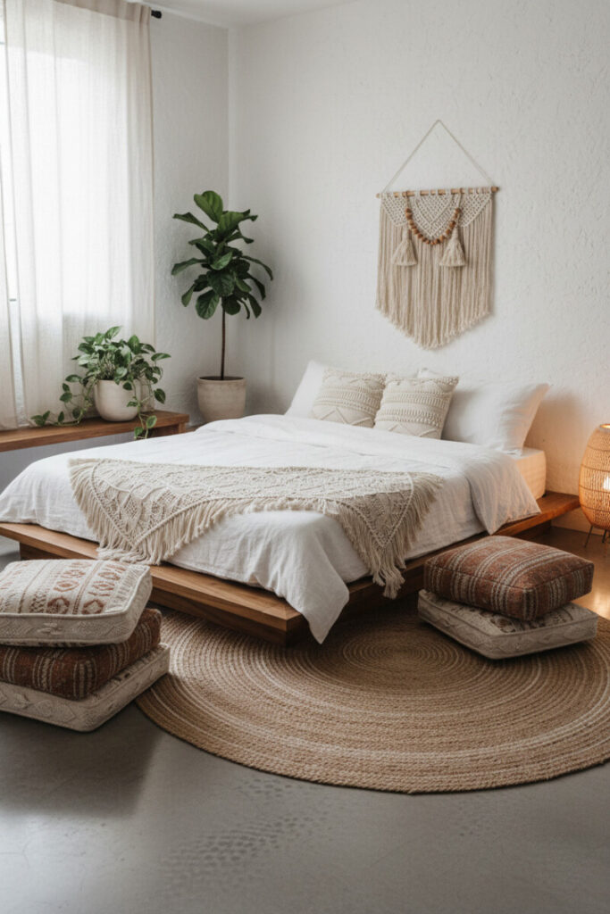 Minimal white stucco room with low platform, macramé throw, circular jute rug, and stacked floor cushions.