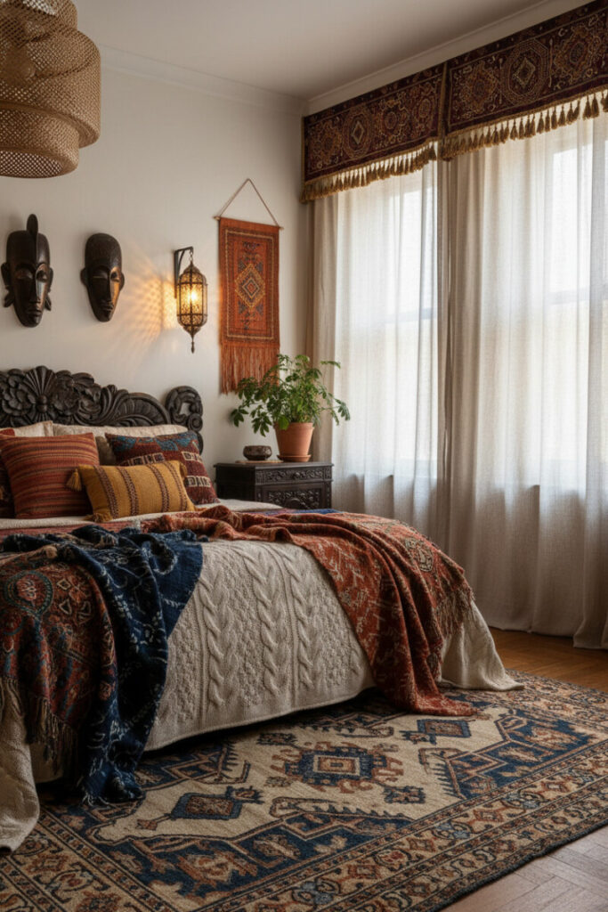 Global-traveler Boho Bedroom Designs featuring carved headboard, indigo and rust textiles, Moroccan lantern, and vintage Persian rug.