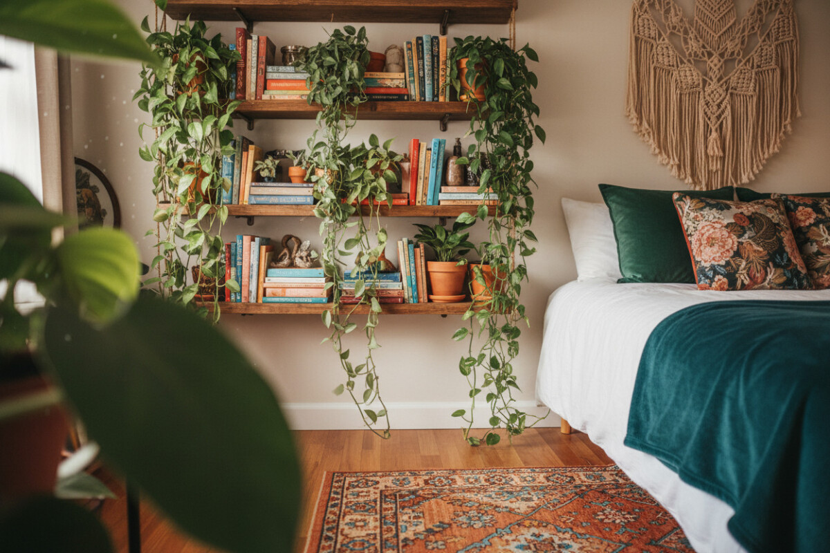 Floating wooden shelves overflowing with books and trailing greenery above teal velvet throw—boho bedroom designs with plants and bohemian bedroom ideas.