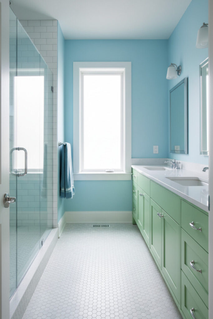 Narrow modern boys’ bathroom with robin’s-egg blue walls, long lime-green Shaker vanity, glass shower, white mosaic floor—small boys bathroom ideas, Boys Bathroom Designs.