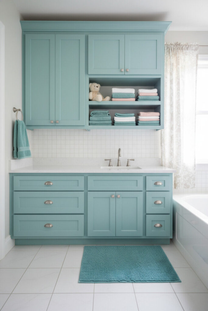 Seafoam-teal Shaker vanity with deep drawers, white quartz top, open shelves and fluffy aqua mat—clutter-free Boys Bathroom Designs.