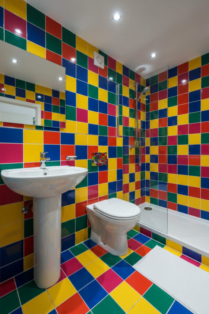 Maximalist patchwork tiles in neon hues with white pedestal sink and toilet, waffle bath mat—statement Boys Bathroom Designs.