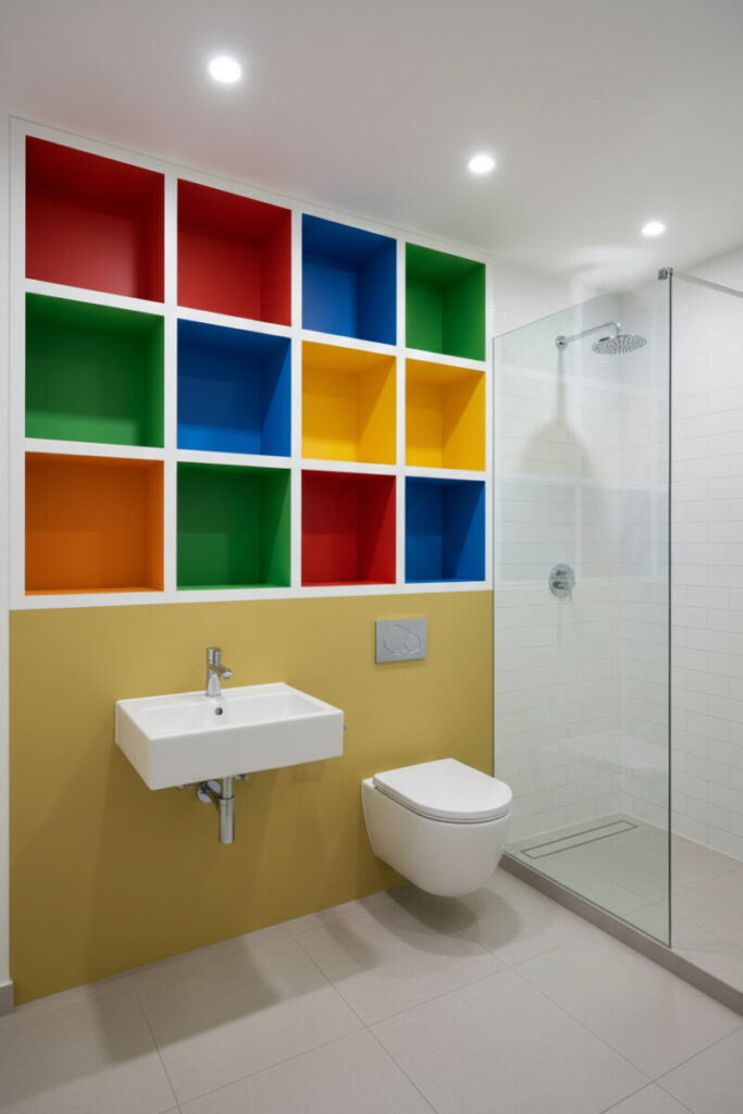 Wall of 3×4 color cubbies over mustard wainscot, wall-hung sink and toilet, glass subway-tile shower—smart kids bathroom ideas, Boys Bathroom Designs.