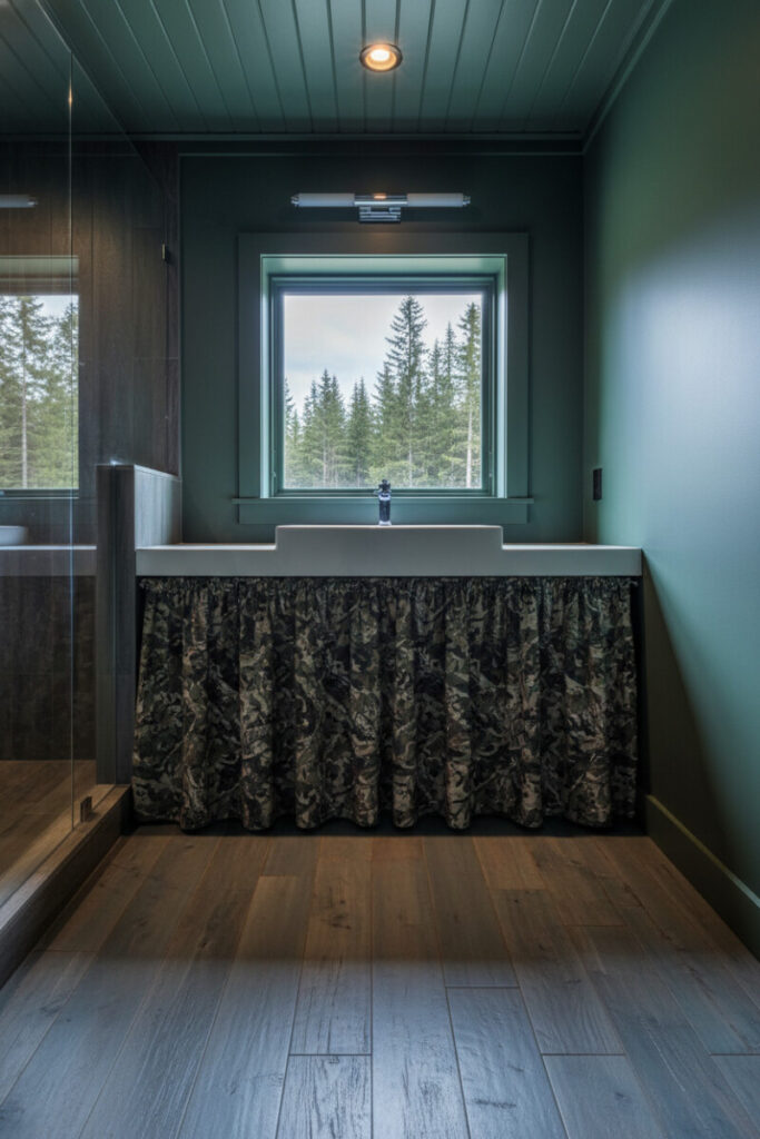 Rustic lodge bath with hunter-green paneling, skirted camo sink, window to pine forest—adventurous Boys Bathroom Designs.