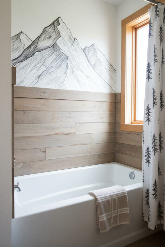 Summer camp tub nook with shiplap and hand-drawn mountain mural, pine-framed window—cozy boys bathroom decor.