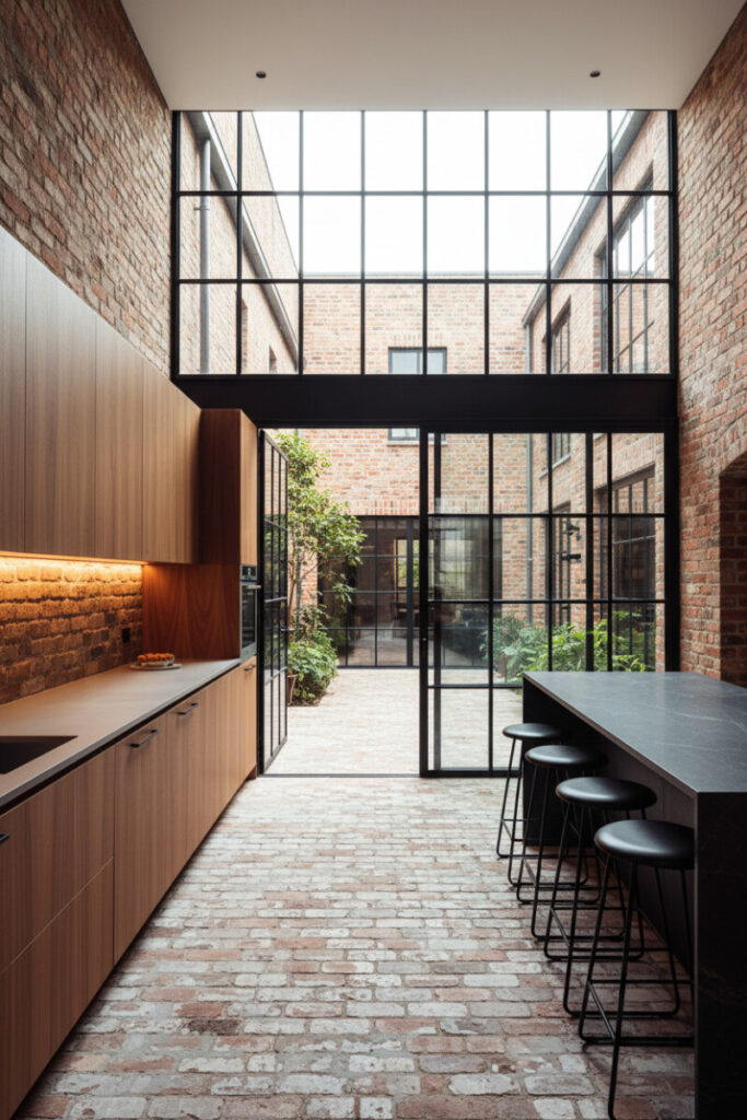 Industrial modern kitchen with distressed reclaimed bricks and black steel windows, showcasing Brick Floor Kitchen Ideas in a bold blend of textures.