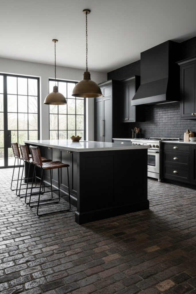 Moody charcoal brick floor with matte-black cabinets, brass dome pendants, and steel-framed windows—dramatic Brick Floor Kitchen Ideas.