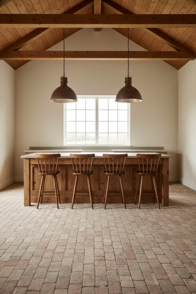 Timeworn mix of orange, tan, and clay pavers with antique-cream cabinetry, arched hood, and dramatic lighting for nostalgic charm.