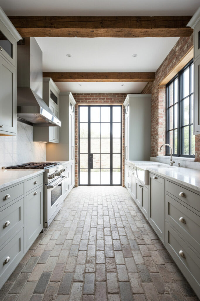 Urban industrial galley with mirror-gloss sealed terracotta, matte-black cabinetry, white marble, and brass domes—sealed brick kitchen floor ideas in a compact layout.