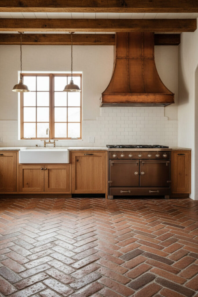 Mediterranean chevron brick floor under a patinated copper hood and oak cabinets, perfect for Brick Floor Kitchen Ideas with warm metal accents.