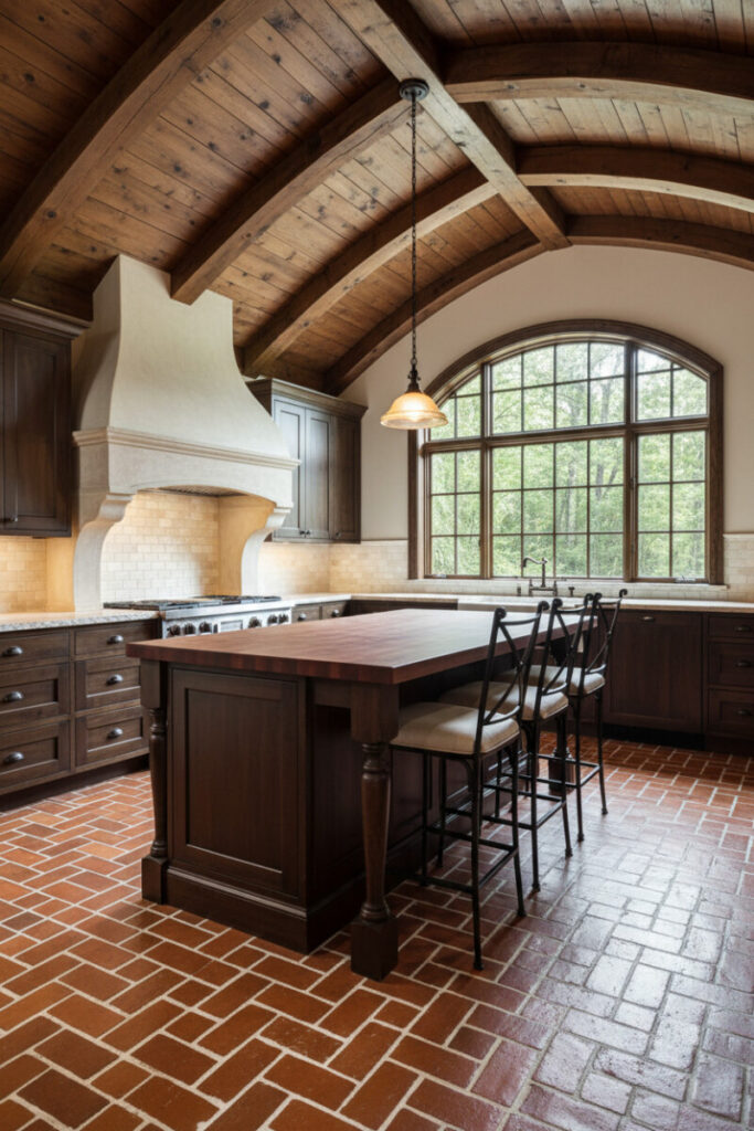 Rustic luxury kitchen with wide white grout defining a herringbone field, espresso cabinetry, and vaulted beams—graphic grout statement.