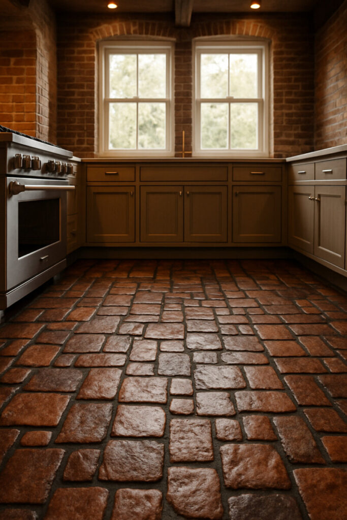 Irregular reclaimed brick mosaic with deep grout, exposed brick wall, and greige cabinetry—authentic reclaimed brick paver kitchen vibe.